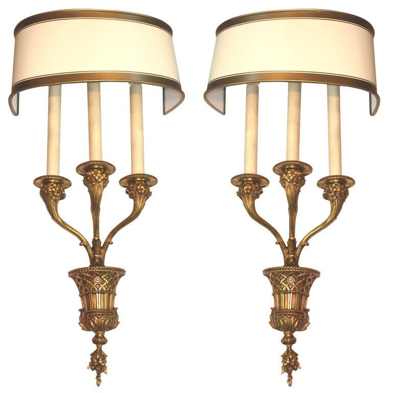 Pair of Louis XVI Style Bronze Basket Wall Sconces