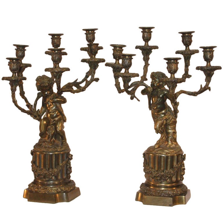 Pair of French Louis XVI Style Bronze Figural Six Lght Candelabra For Sale