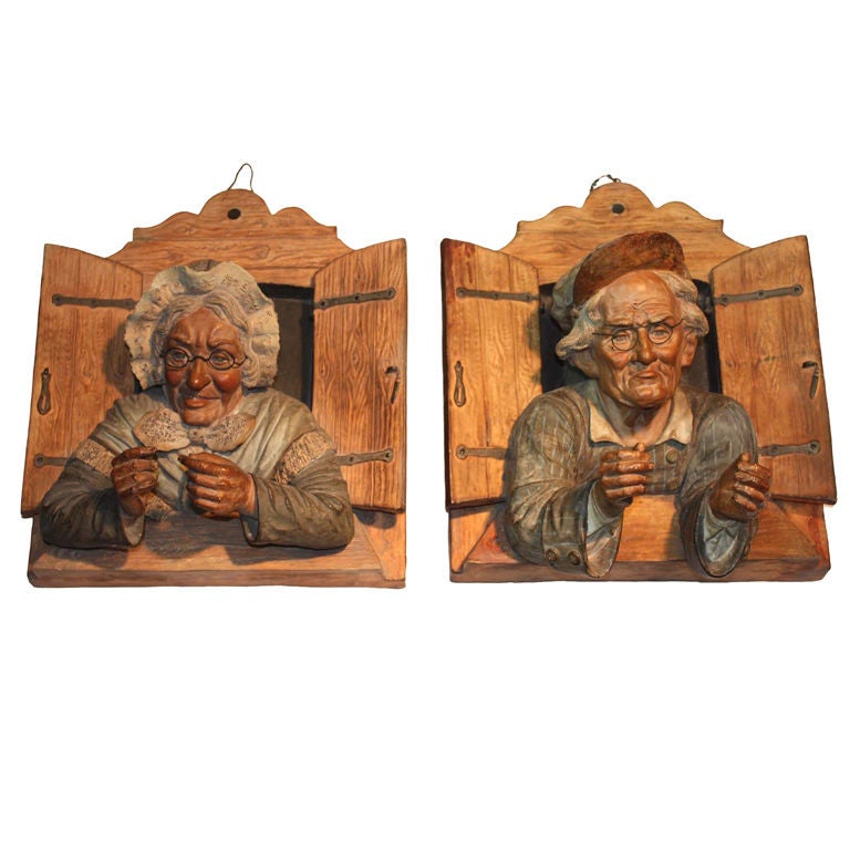 Pair of Wall Plaques Modelled as an Old Couple