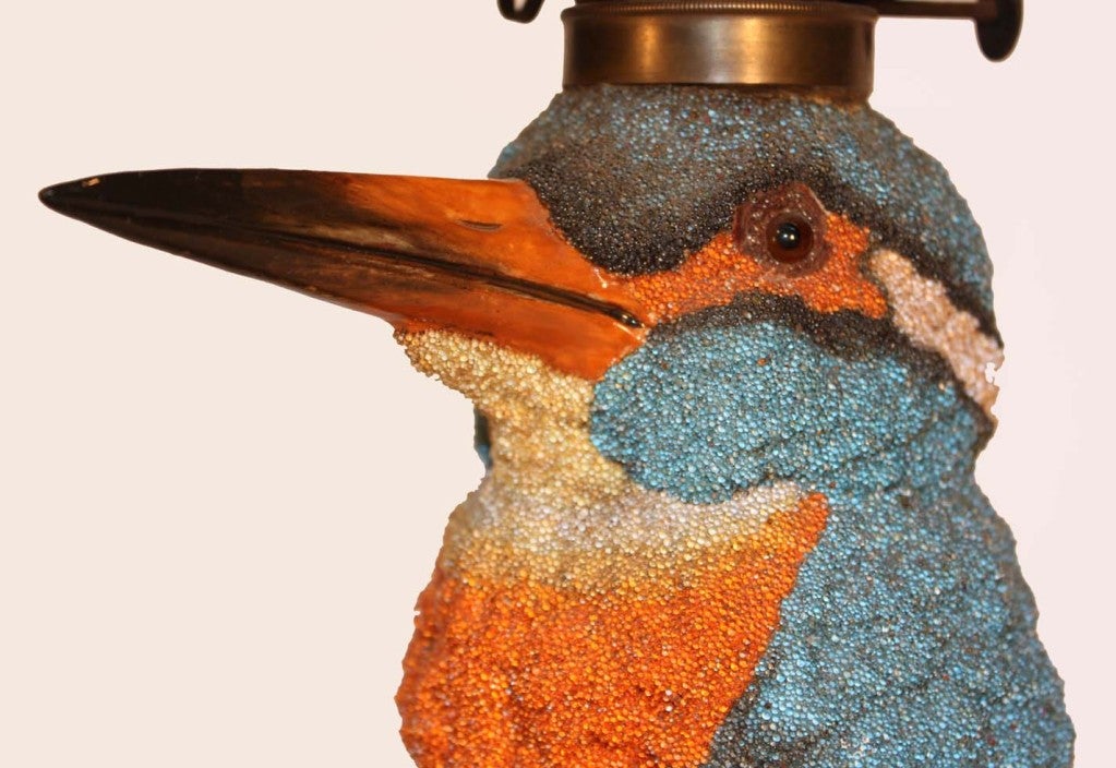 German Sitzendorf Porcelain Oil Lamp Modelled as a Kingfisher