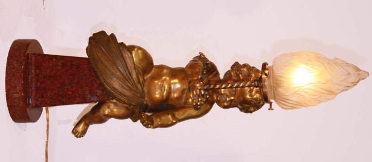 Bronze and Marble Newel Post  Lamp as Putto