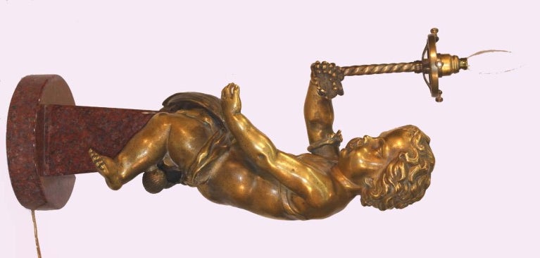 French Bronze and Marble Newel Post  Lamp as Putto