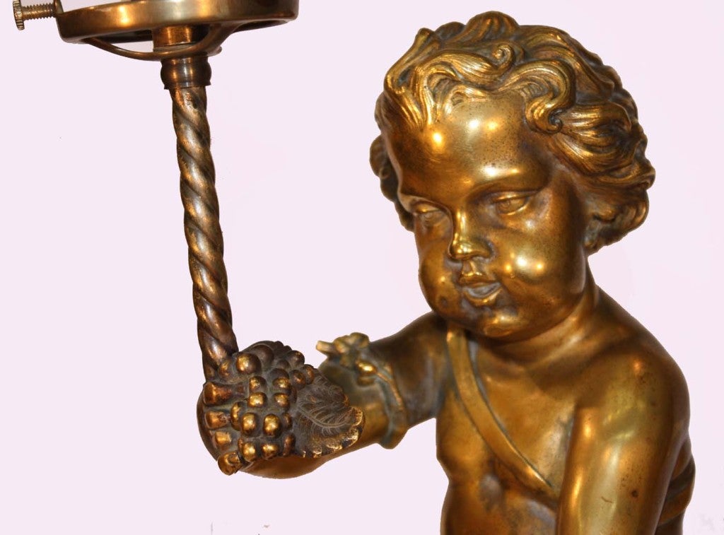 19th Century Bronze and Marble Newel Post  Lamp as Putto
