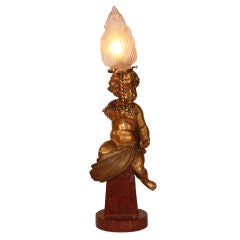 Antique Bronze and Marble Newel Post  Lamp as Putto