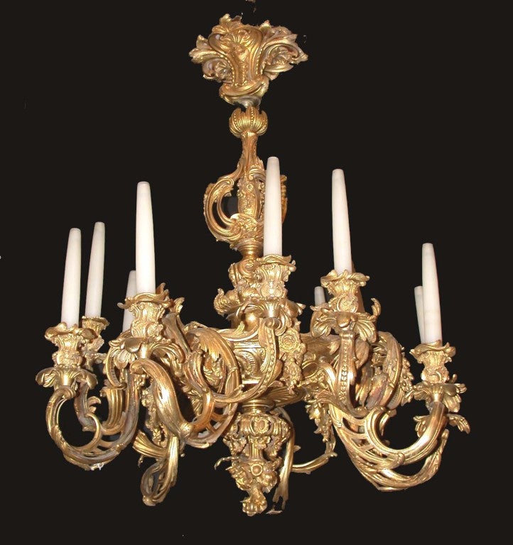 Fine Louis XV Style Gilt-Bronze Twelve-Light Chandelier in the Rocco Taste