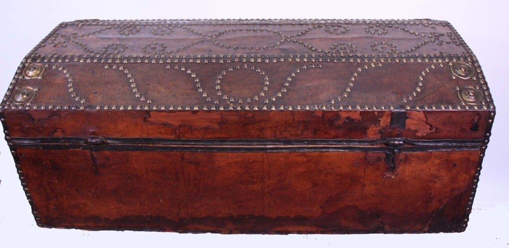 19th Century Spanish Colonial Leather trunk with nailed decoration