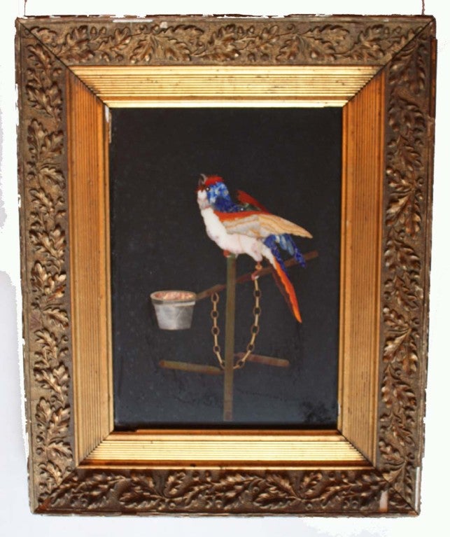 Florentine pietra dura plaque on marble ground portraying a brightly coloured bird perched at its feeder; the  figure inlaid with lapis lazuli, carnelian, onyx and other stones; period frame. Framed size is 11