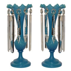 Antique Pair of Blue Opaline Glass Table Lustres
