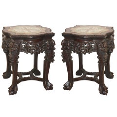 Pair of  Carved Stools with Inset Famille Verte Porcelain Seats