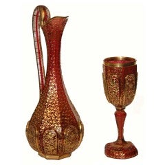 Bohemian Ruby Art Glass Pitcher and Goblet