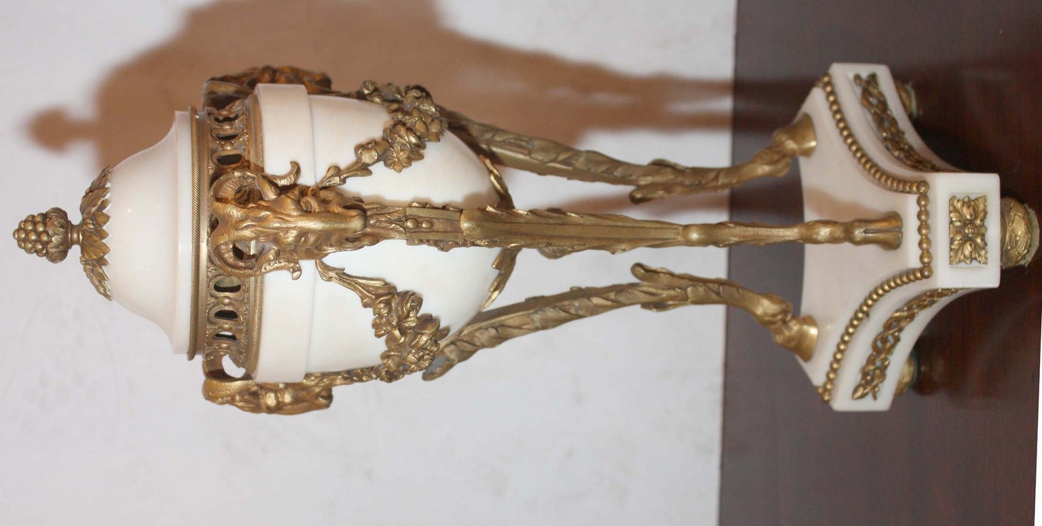 Pair of White Marble and Gilt Bronze Cassolettes