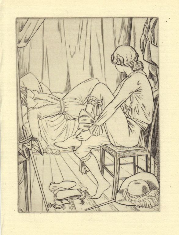 An original engraving by John Buckland Wright (1897-1954) from the series 'Mlle. de Maupin', Theophile Gautier's romantic novel of a love triangle.
