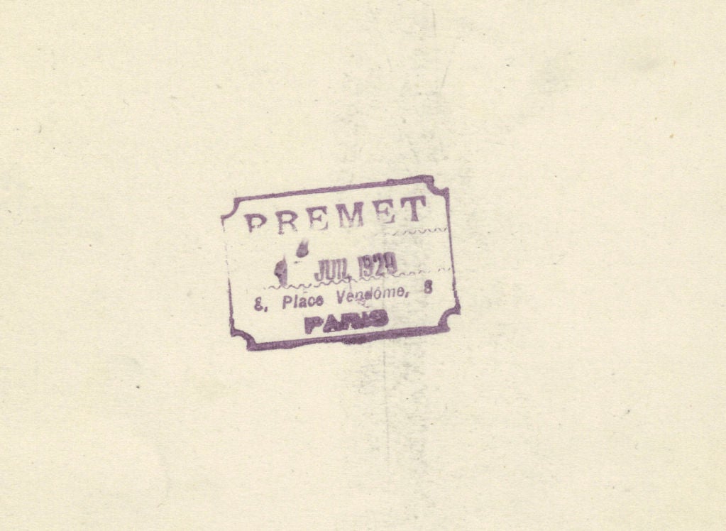 RARE FASHION ILLUSTRATION FROM THE ART DECO PERIOD OF FRENCH FASHION.IMPRINTED ON REVERSE SIDE WITH THE PREMET STAMP DATED 4 JULY 1929. 8 PLACE VENDOME PARIS. PREMET WAS A PARISIAN FASHION HOUSE IN OPERATION FROM 1911 TO 1931. MME.PREMET WAS THE