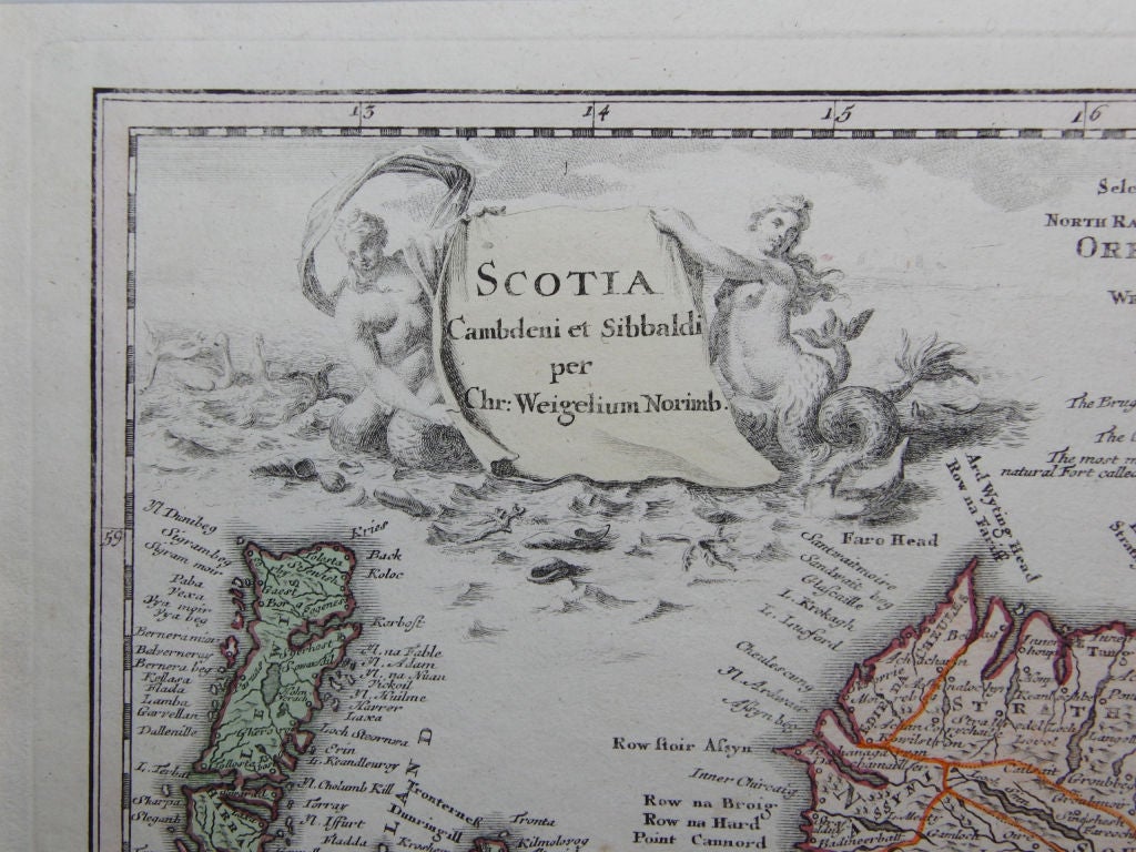 This is a rare and beautiful map of Scotland. Hand coloured to denote the separate Northern and Southern Scotland regions as well as the Islands.The map has an interesting cartouche on the top left side and a curious countryside scenery on the top
