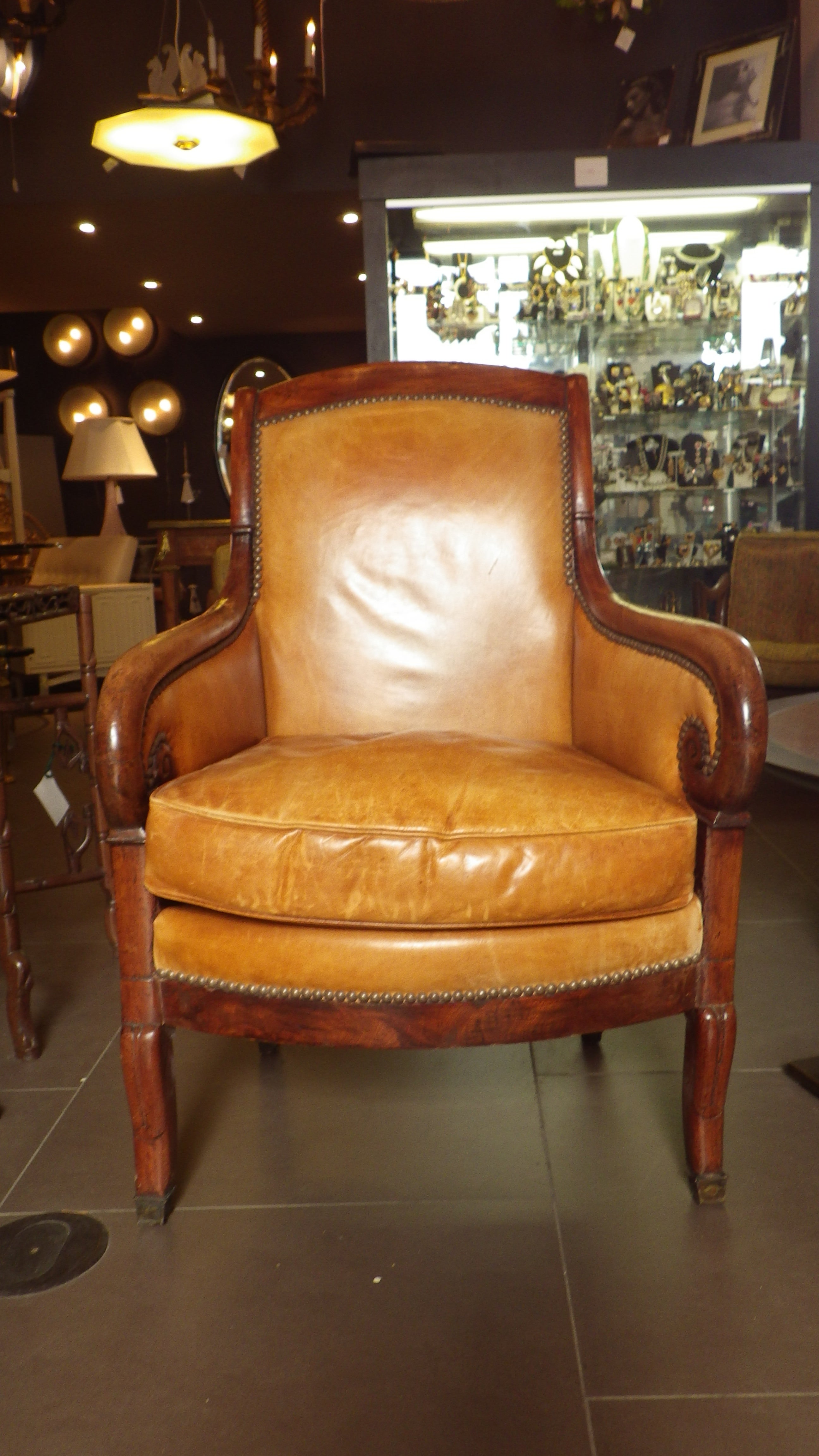 French Leather Chair with Scroll Arms