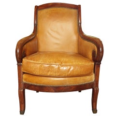 French Leather Chair with Scroll Arms