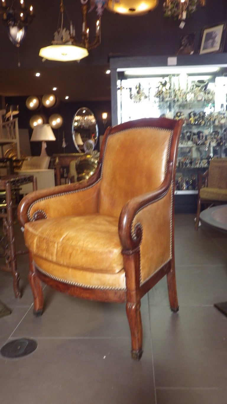 French Leather Chair with Scroll Arms In Excellent Condition In Los Angeles, CA