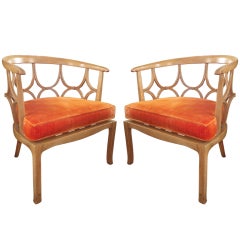 Pair of Beige Barrel Back Chairs with Orange Seat Cushions