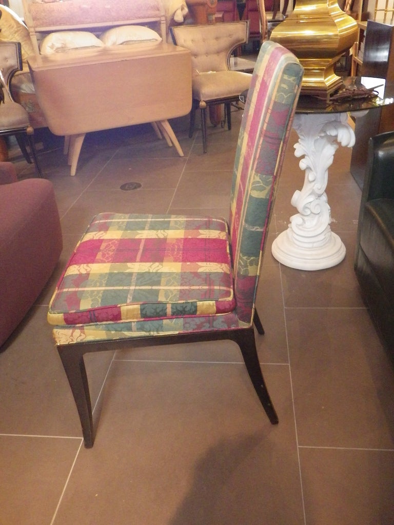 Very elegant set of dining chairs by Harvey Probber.
Chairs feature dark lacquered wood frame with plaid upholstery.