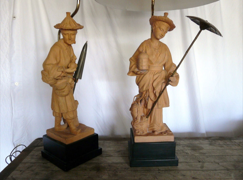 Late 20th Century Pair of Vintage Chinoiserie Terra Cotta Figural Lamps by Chapman