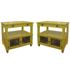 Pair Side/End Tables with Drawer, Shelf, Mirrored Cupboard