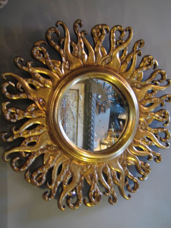 Rare exquisite vintage octopus sunburst mirror hand carved gilded wood 200 2mm round mirros on tentacles