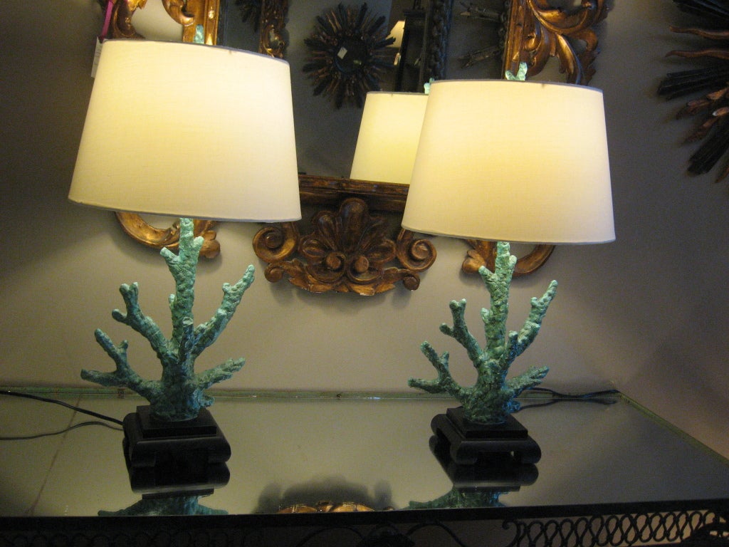 beautiful pair of lamps constructed of sculptural turquoise coroset made to resemble natural coral forms