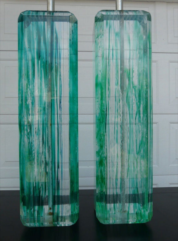 Mid-20th Century Pair Monumental Emerald Lucite Lamps