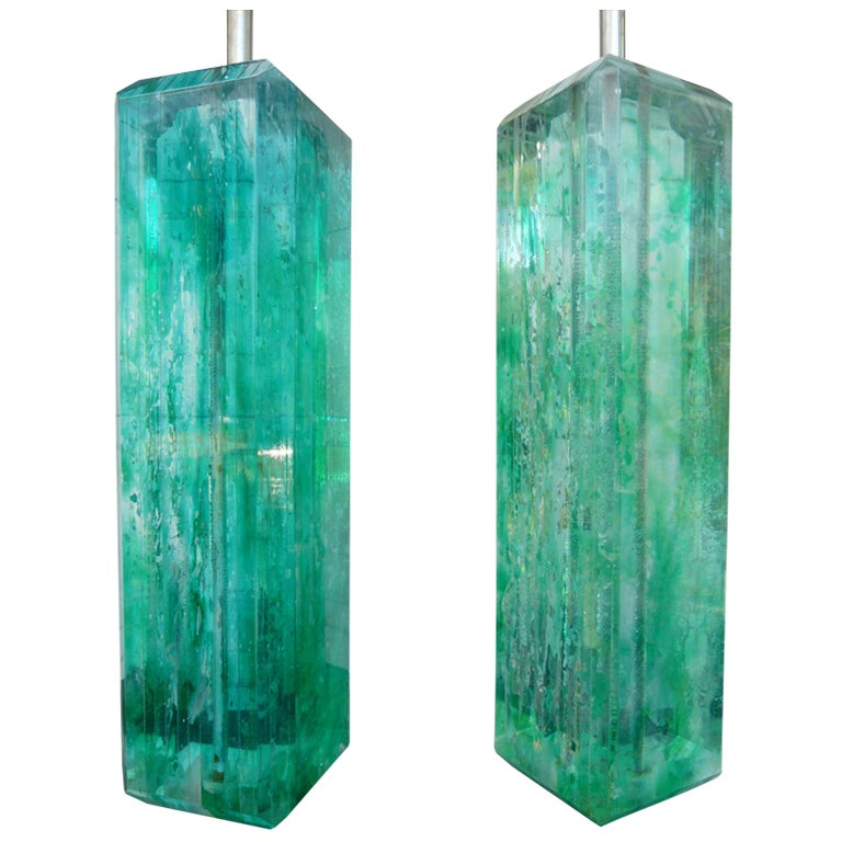 Pair Monumental Emerald Lucite Lamps