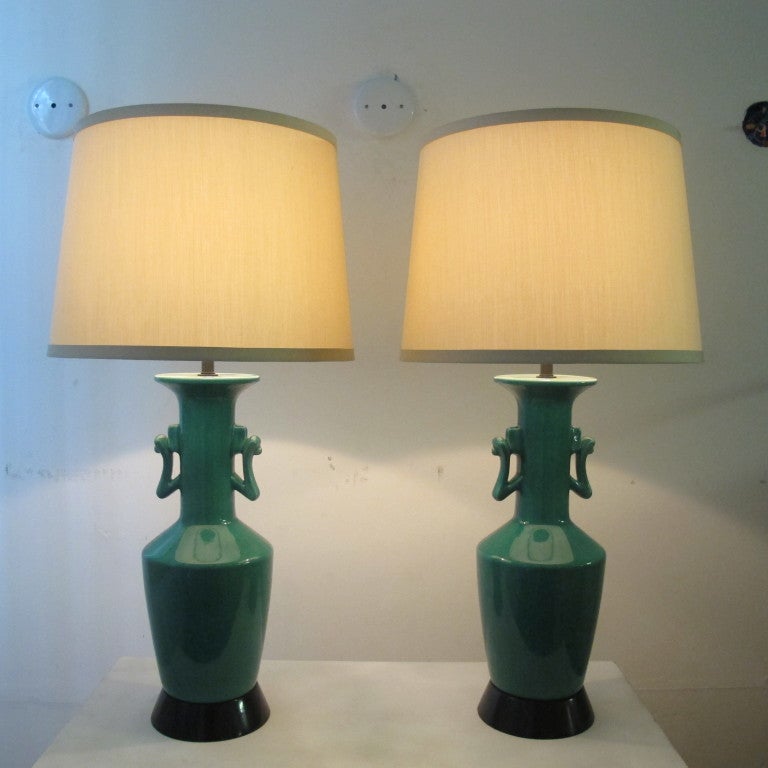 American Pair of Green Chinese-Moderne Ceramic Table Lamps
