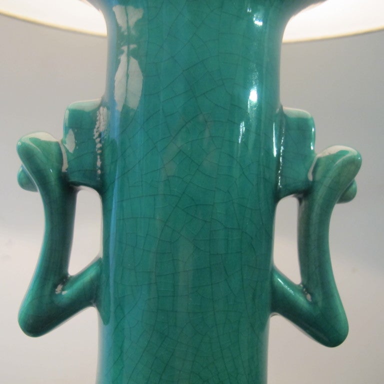 Mid-20th Century Pair of Green Chinese-Moderne Ceramic Table Lamps