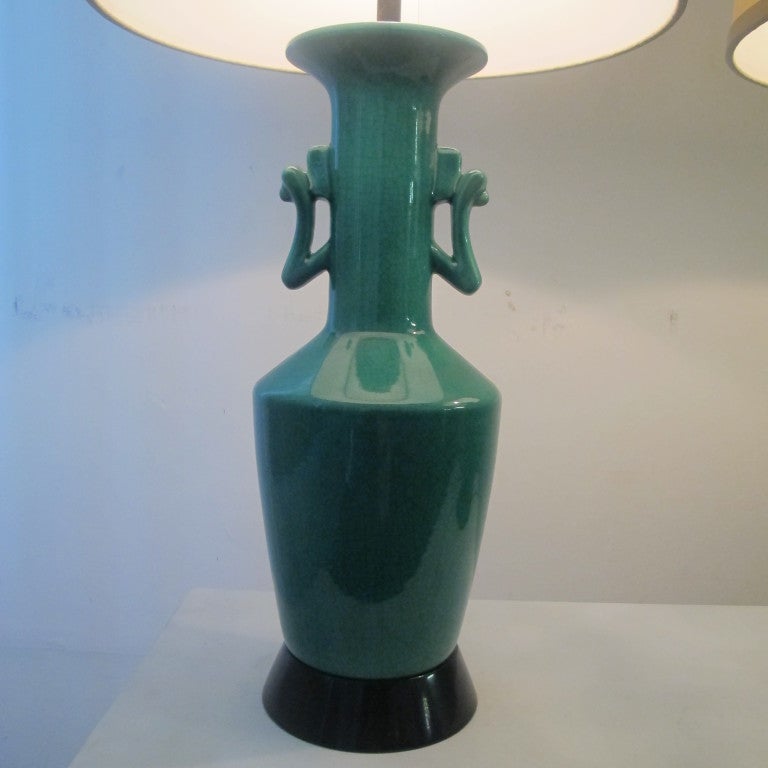 Pair of Green Chinese-Moderne Ceramic Table Lamps 2