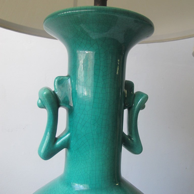 Pair of Green Chinese-Moderne Ceramic Table Lamps 3