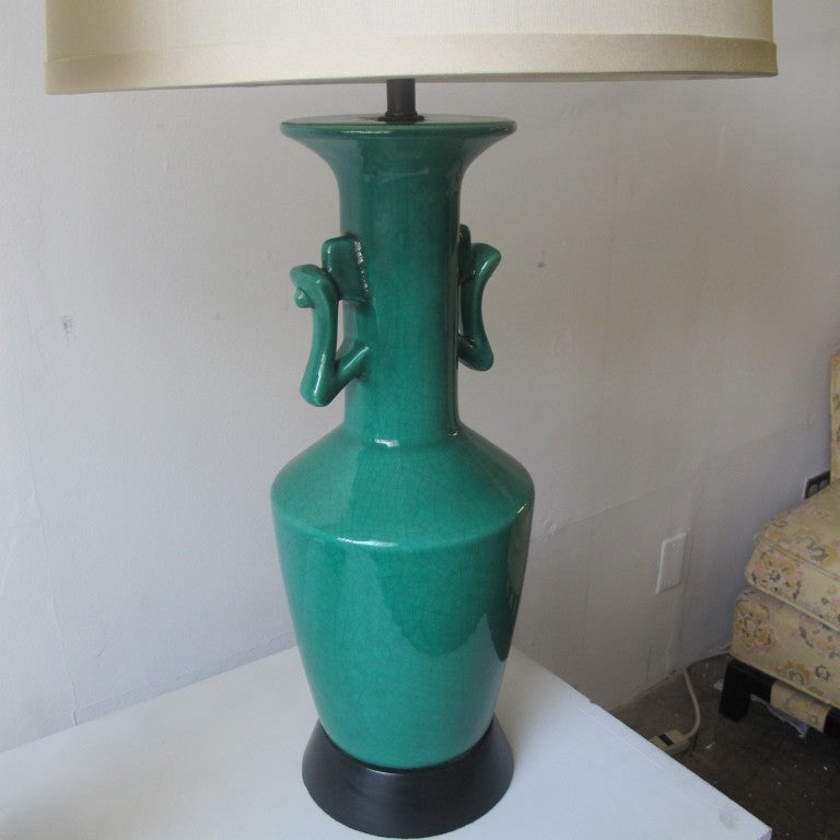 Pair of Green Chinese-Moderne Ceramic Table Lamps 4