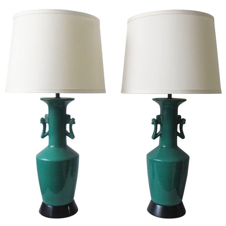 Pair of Green Chinese-Moderne Ceramic Table Lamps