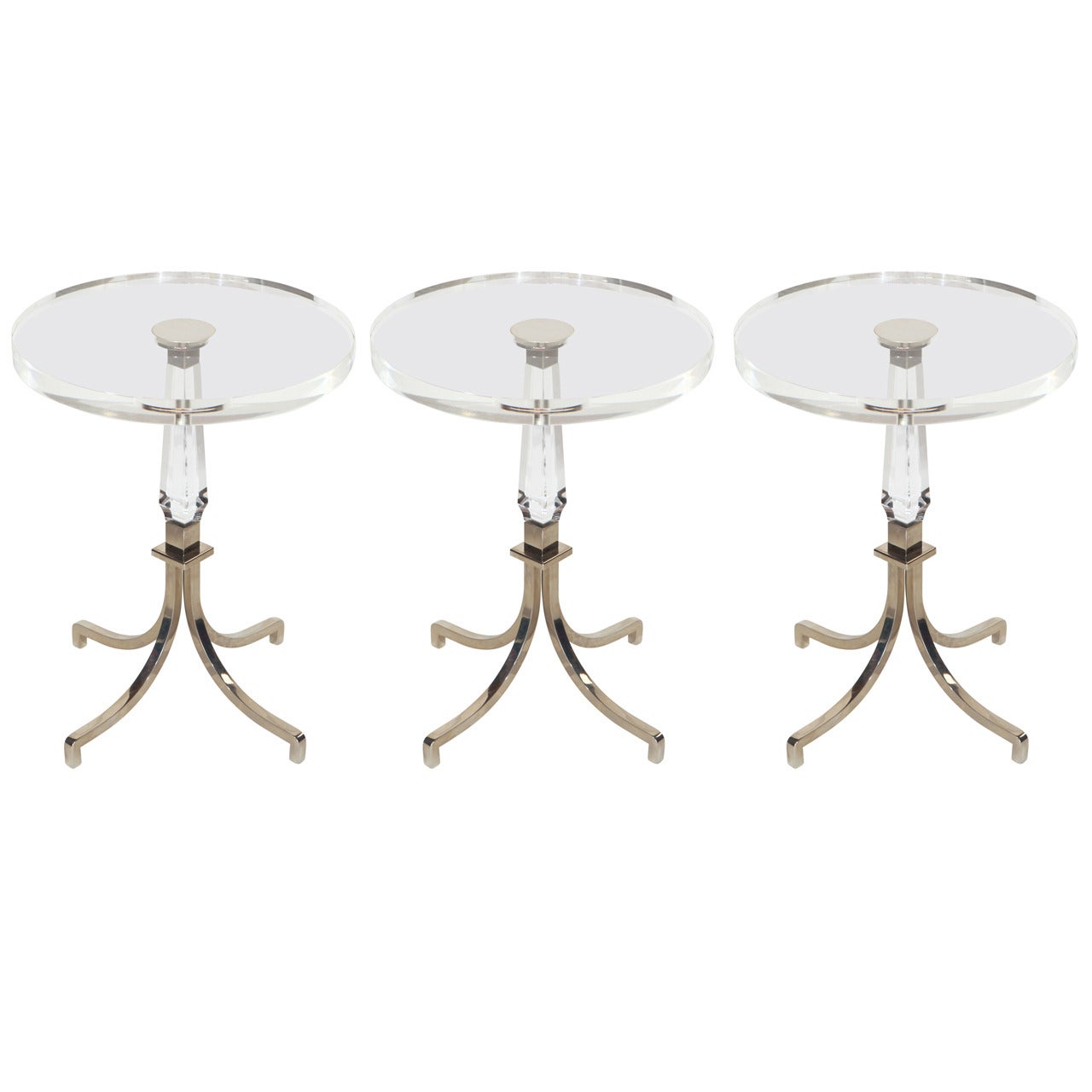 Pair of Lucite and Nickel Round Side Tables Signed by Charles Hollis Jones