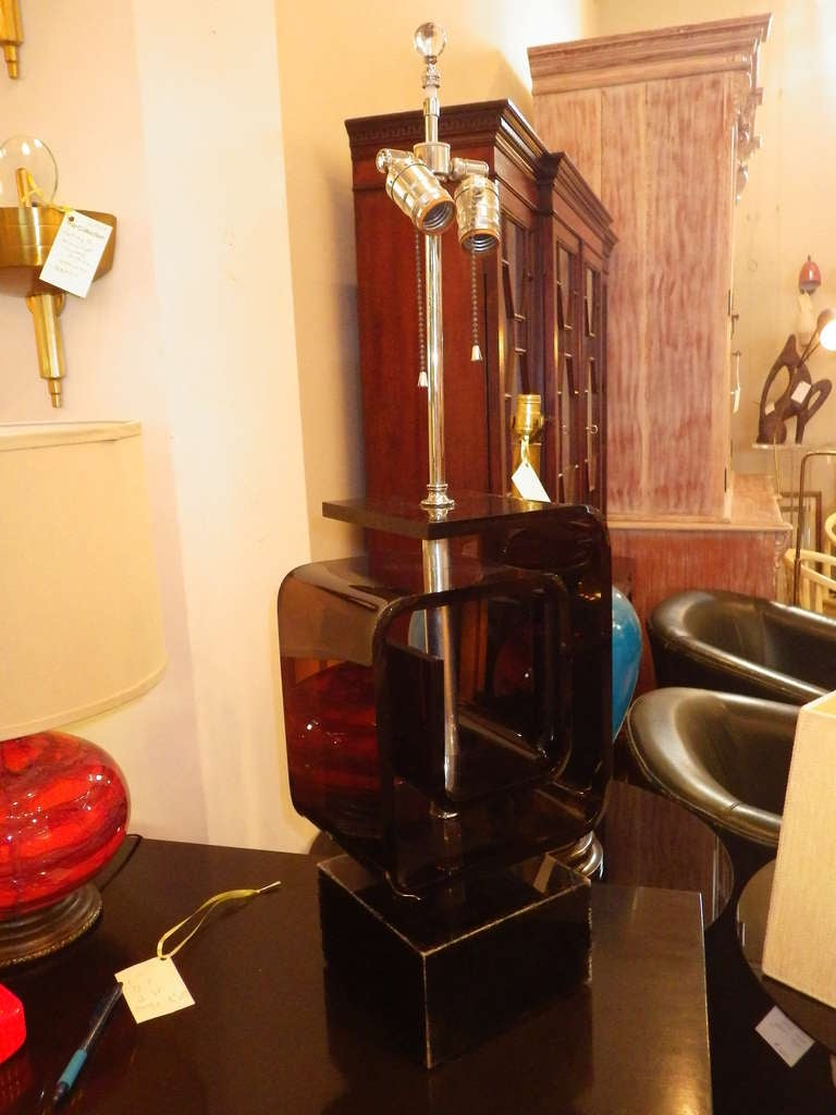 Late 20th Century Pierre Cardin Style Smoked Lucite Table Lamp For Sale