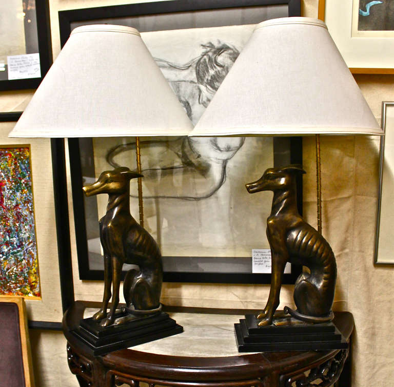 Pair of Brass Whippet Lamps In Excellent Condition In Los Angeles, CA