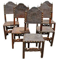 (5) Spanish 19th Century Leather Embossed Chairs