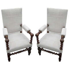 19th Century Pair of Ball Arm Upholstered Chairs, France
