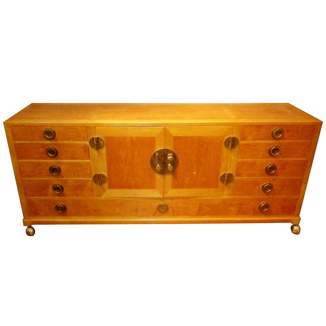 Gorgeous and Practical Wood Credenza with Brass Pulls For Sale