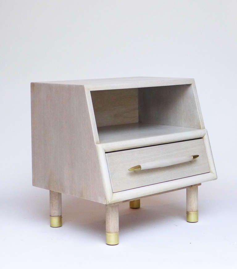 Pair of Brown Saltman nightstands with bleached finish and brass hardware.