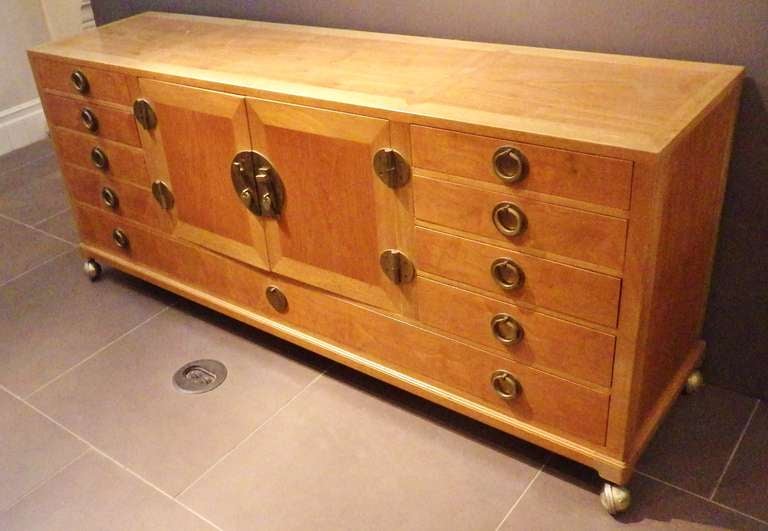 Mid-Century Modern Gorgeous and Practical Wood Credenza with Brass Pulls For Sale