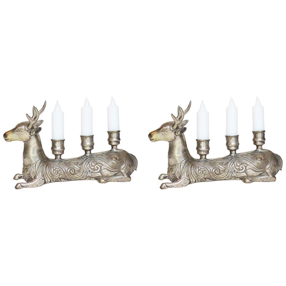Pair of Sliver Reindeer Candle Holders For Sale