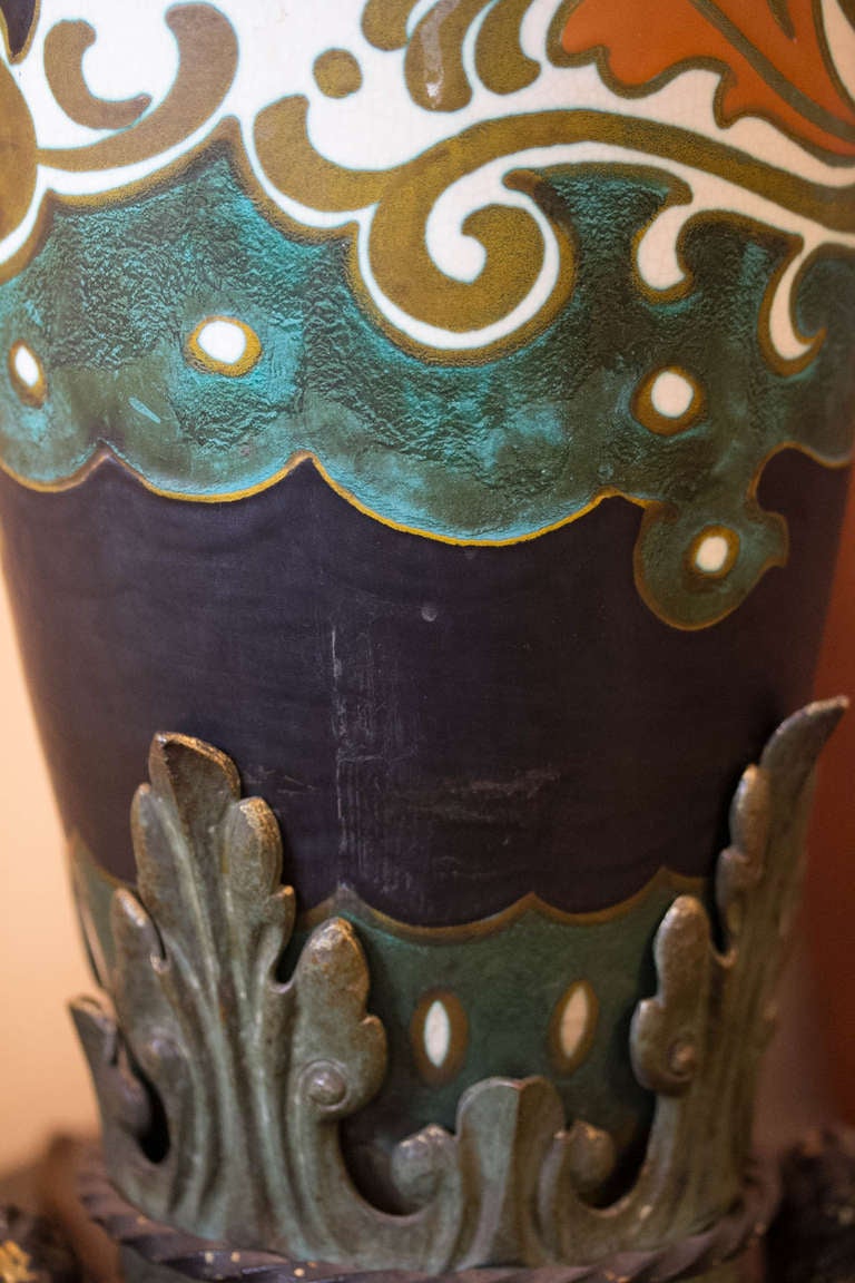An outstanding and unusual 1910's-1920's Gouda pottery table lamp, the 17.5