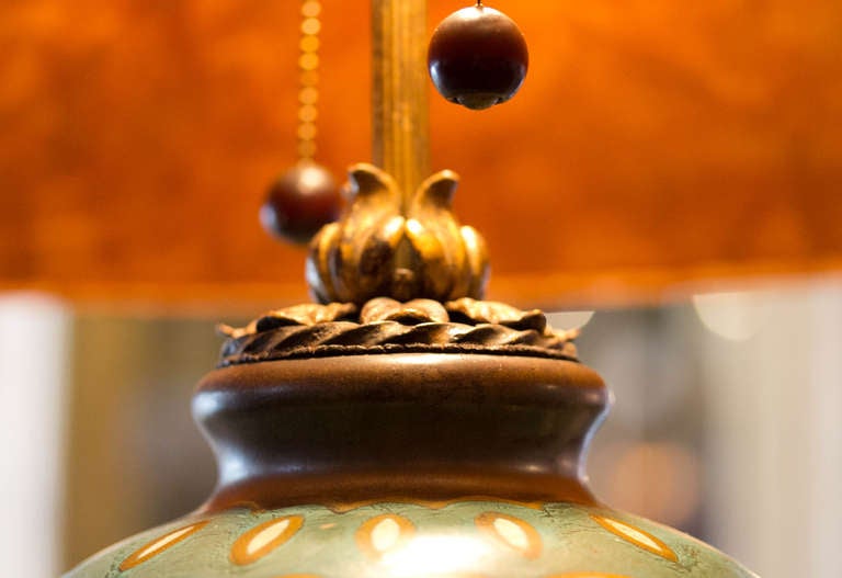 Dutch Gouda Pottery Bronze & Iron Base Table Lamp with Matching Custom Shade