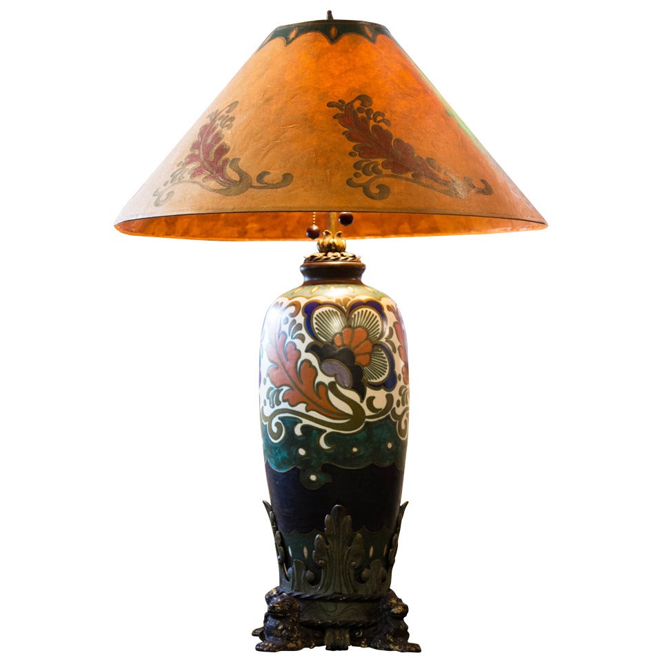 Gouda Pottery Bronze & Iron Base Table Lamp with Matching Custom Shade