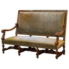Spanish Revival Carved Sofa Upholstered in Silver Sage Velvet