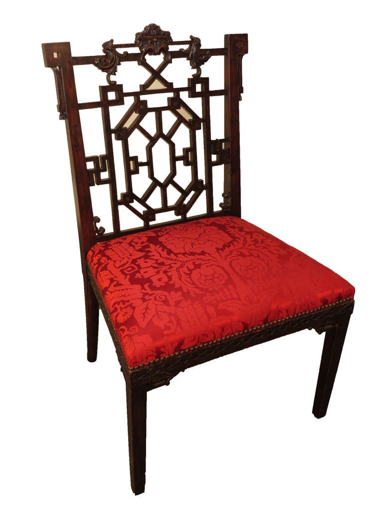 Chinese Fretwork Chair with Red Silk Upholstery