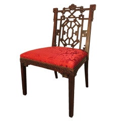 Chinese Fretwork Chair with Red Silk Upholstery